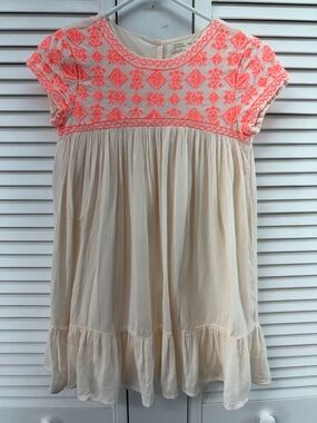 Zara girl size 9/10 Neutral Cream Dress with Neon Coral Embroidery - Kids